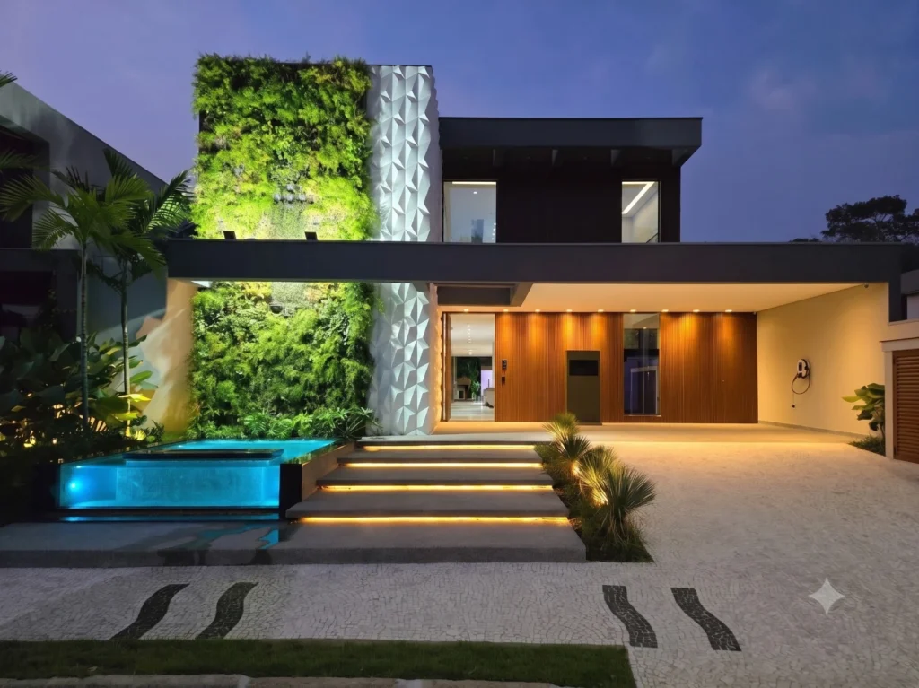 Fachada de residência moderna de alto padrão com jardim vertical iluminado, piscina decorativa e iluminação arquitetônica noturna.