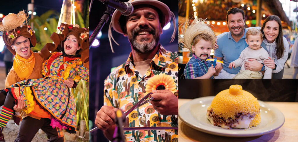 Colagem de imagens de festa junina mostra apresentações culturais, famílias e prato típico em ambiente festivo.